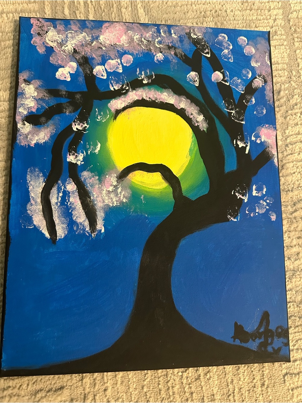 Moonlit Cherry Blossom Tree Canvas Art in Blue and Yellow